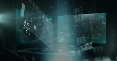 Grafik animasyonu, çubuklar yükleme, soyut arkaplana karşı matematiksel çözümler üzerinde mercek parlaması. Dijital olarak üretilmiş, hologram, aydınlatılmış, rapor, finans, iş ve teknoloji kavramı.