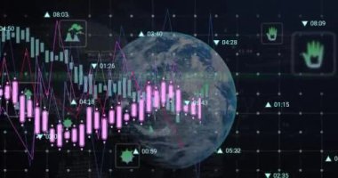 Finansal veri işleme ve dünya üzerindeki istatistiklerin animasyonu. Küresel iş, finans, veri işleme ve dijital olarak oluşturulan çevre konsepti.