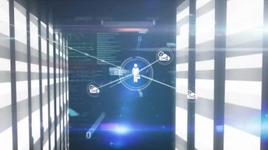 Hareket eden sütunların üzerindeki simgeler ve veri işleme ağlarıyla bağlantı animasyonu. Dijital olarak oluşturulmuş küresel bağlantılar, bilgisayar ve dijital arayüz kavramı.