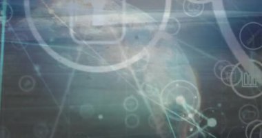 Dünyanın her yerinde çizgiler, sayılar ve merceklerle bağlantılı noktaların canlandırılması. Dijital olarak üretilmiş, hologram, küreselleşme, iletişim, aydınlanma, soyut ve teknoloji kavramı.