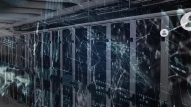 Animation of network of connections with icons and data processing over server room. Global connections, computing and digital interface concept digitally generated video.