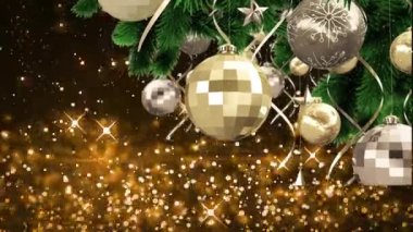 Noel ağacının üzerine yağan karların canlandırması süslemelerle. Noel, şenlik, kutlama ve gelenek konsepti dijital olarak oluşturuldu.