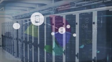 Animation of network of connections with icons and data processing over server room. Global connections, computing and digital interface concept digitally generated video.