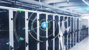 Animation of network of connections with icons and data processing over server room. Global connections, computing and digital interface concept digitally generated video.