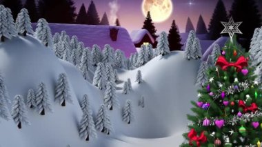 Kış manzarasında Noel ağacı ve Noel Baba 'nın kızakta canlandırılması. Noel, şenlik, kutlama ve gelenek konsepti dijital olarak oluşturuldu.