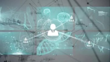 Beyaz arkaplanda veri işleme üzerine simgelerle bağlantı ağının animasyonu. Dijital olarak oluşturulmuş küresel bağlantılar, bilgisayar ve dijital arayüz kavramı.