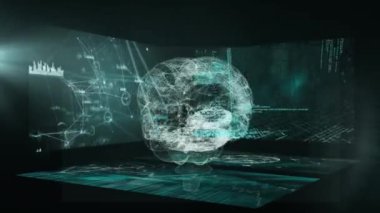 Arka plandaki dijital beyin üzerinden bağlı noktaların, grafiklerin ve programlama dilinin animasyonu. Dijital olarak üretilmiş, hologram, iletişim, kodlama, makine öğrenme, anatomi ve teknoloji kavramı.