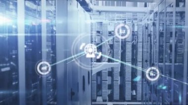 Sunucu odasındaki simgeler ve sütunlarla bağlantı ağının animasyonu. Dijital olarak oluşturulmuş küresel bağlantılar, bilgisayar ve dijital arayüz kavramı.
