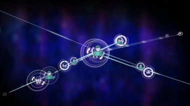 Mavi arkaplan üzerindeki simgelerle bağlantı ağının canlandırılması. Küresel ağlar, bağlantılar, iş dünyası, finans, hesaplama ve veri işleme kavramı dijital olarak oluşturulmuş video.