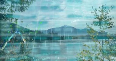 Manzara üzerinde istatistik ve finansal veri işleme animasyonu. Küresel çevre, sürdürülebilirlik, iş, finans ve veri işleme kavramı dijital olarak oluşturulmuş video.