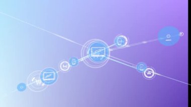 Mavi arkaplan üzerindeki simgelerle bağlantı ağının canlandırılması. Küresel ağlar, bağlantılar, iş dünyası, finans, hesaplama ve veri işleme kavramı dijital olarak oluşturulmuş video.