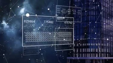 Bağlantı ağı üzerinden finansal veri işleme animasyonu. Küresel iş, finans, bilgisayar ve veri işleme kavramı dijital olarak oluşturulmuş video.