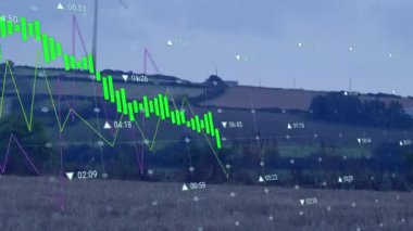 Rüzgar türbini üzerinde istatistik ve veri işleme animasyonu. Küresel çevre, sürdürülebilirlik, rüzgar enerjisi, iş ve veri işleme kavramı dijital olarak oluşturulmuş video.