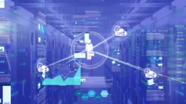 Sunucu odasındaki simgeler ve veri işleme ağı animasyonu. küresel bağlantılar, bilgisayar ve dijital arayüz konsepti dijital olarak oluşturulmuş video.