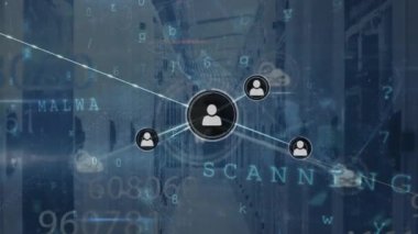 Animation of network of connections with icons and data processing over server room. Global connections, computing and digital interface concept digitally generated video.