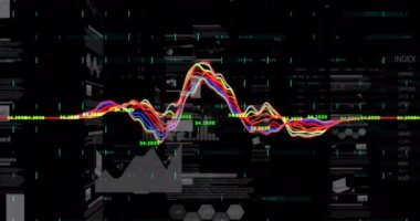 Siyah arka planda istatistik ve veri işleme animasyonu. Dijital olarak oluşturulmuş küresel bilgisayar ve veri işleme kavramı.