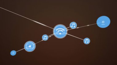 Siyah arkaplan üzerindeki simgelerle bağlantı ağının animasyonu. Küresel ağlar, bağlantılar, iş dünyası, finans, hesaplama ve veri işleme kavramı dijital olarak oluşturulmuş video.