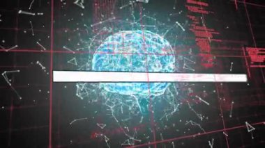 Veri işleme ve bağlantılar üzerine insan beyninin animasyonu. Küresel iş, finans, bilgisayar ve veri işleme kavramı dijital olarak oluşturulmuş video.