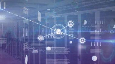 Animation of network of connections with icons and data processing over server room. Global connections, computing and digital interface concept digitally generated video.