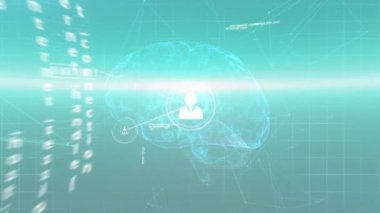 Ofiste dijital tablet kullanan bir işadamı dijital beyin ve bağlantı ağı üzerinden veri işleme yapıyor. Küresel işletme veri işleme ve bağlantılar konsepti dijital olarak oluşturulmuş video.