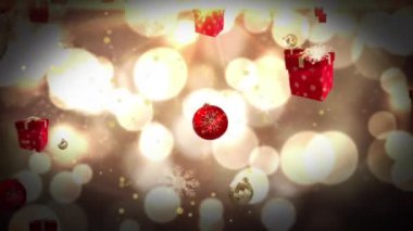 Noel hediyelerinin ve takıların noel ışıklarının üzerine düşüşünün animasyonu. Noel, şenlik, kutlama ve gelenek konsepti dijital olarak oluşturuldu.