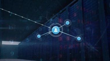 Sunucu odasındaki simgeler ve veri işleme ağı animasyonu. küresel bağlantılar, bilgisayar ve dijital arayüz konsepti dijital olarak oluşturulmuş video.