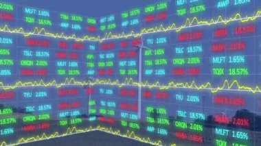 Rüzgar türbinleri üzerinde finansal veri işleme animasyonu. Küresel çevre, sürdürülebilirlik, rüzgar enerjisi, iş ve veri işleme kavramı dijital olarak oluşturulmuş video.