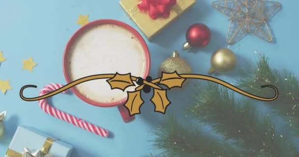Animace Jmelí Stuha Banner Kopírovacím Prostorem Přes Horkou Čokoládu Vánoční — Stock video