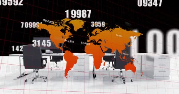 Animacja Mapy Rosnące Liczby Nad Krzesłami Stołem Pulpitem Czarnym Tle — Wideo stockowe