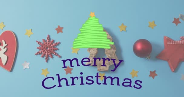 Анімація Веселого Різдвяного Текстового Банера Іконою Ялинки Над Різдвяними Прикрасами — стокове відео