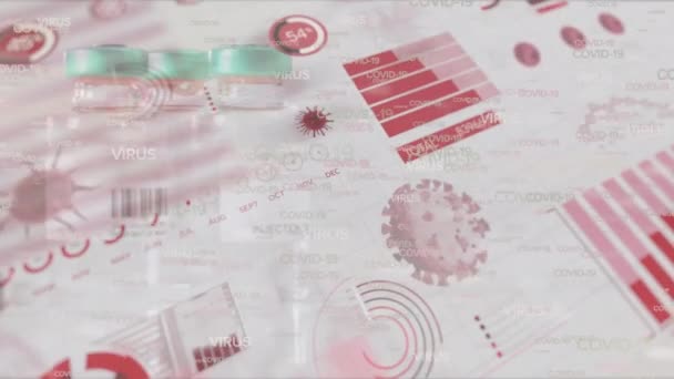 感染した細胞のアニメーション テーブルの上に液体充填バイアル上のバー 円やグラフをロードします デジタル複合体 複数の暴露 レポート 病気や医療 — ストック動画