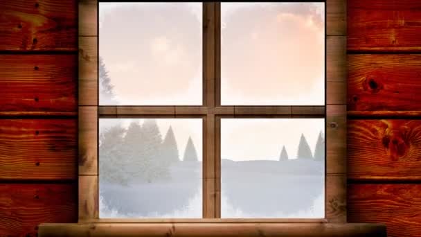 Animace Dřevěného Okenního Rámu Přes Veselé Vánoce Textový Prapor Proti — Stock video
