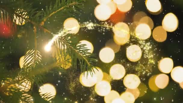 황금빛 사격을 나뭇가지 사이로 내리는 애니메이션 크리스마스 축제와 축하의 — 비디오