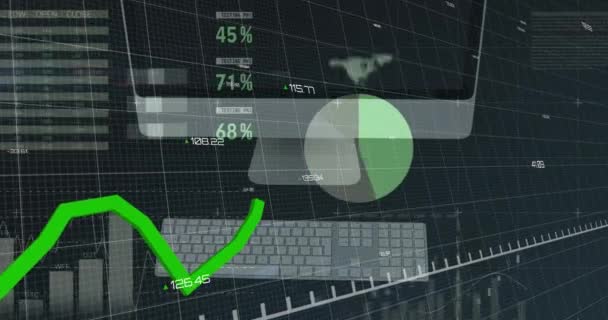 Animación Estadísticas Con Línea Verde Procesamiento Datos Través Del Teclado — Vídeos de Stock