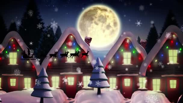 Animation Von Schnee Der Auf Weihnachtsmänner Schlitten Mit Rentieren Und — Stockvideo