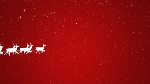 Анимация Белой Санты Санях Оленями Снегу Падающем Красном Фоне Рождество — стоковое видео