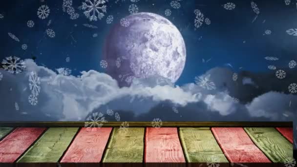 Анімація Сніжинок Падають Над Санта Клаусом Санчатах Тягнених Оленями Нічне — стокове відео