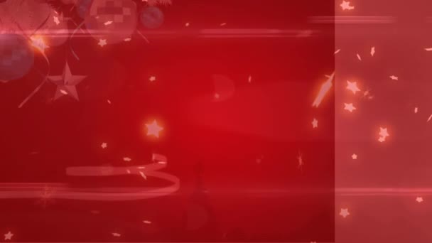 Animacja Świecących Gwiazd Nad Ozdobioną Gałęzią Choinki Czerwonym Tle Święta — Wideo stockowe