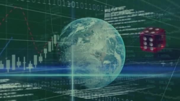 バイナリコーディング 世界中の財務データ処理 ダイスのアニメーション 世界的なギャンブル ビジネス コンピューティング データ処理の概念デジタル生成ビデオ — ストック動画
