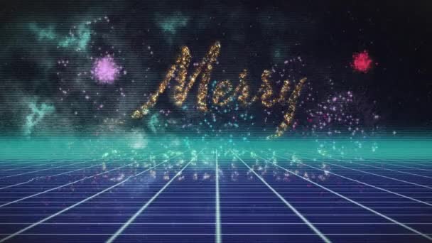 Tato Animace Obsahuje Slova Veselé Vánoce Jiskřivých Písmenech Ohňostrojem Černém — Stock video