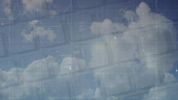 Анимация Абстрактного Шаблона Компьютерного Языка Клавиатуры Над Летающим Самолетом Облачном — стоковое видео