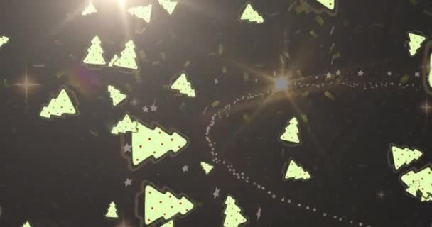 Animação Ícones Árvore Natal Caindo Sobre Ponto Luz Estrela Cadente — Vídeo de Stock