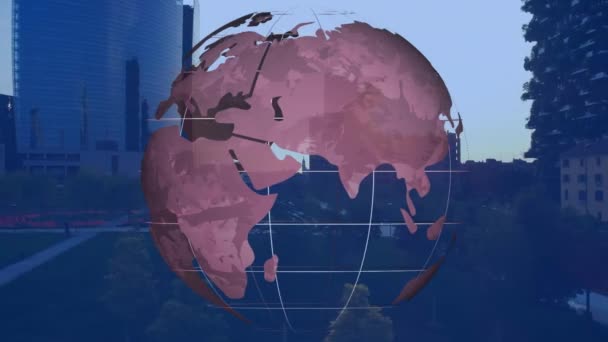 澄んだ空に対するビジネスパークの空中ビューに回転する地球のアニメーション デジタル複合体 複数の露出 グローバル化 高層ビル ドローン テクノロジーの概念 — ストック動画