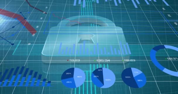 Animation Sinkender Graphen Und Zahlen Über Vorhängeschloss Vor Abstraktem Hintergrund — Stockvideo