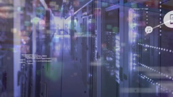 Анімація Мережі Язків Піктограмами Обробка Даних Над Серверною Кімнатою Глобальні — стокове відео