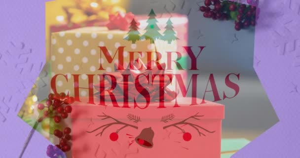 Animáció Karácsonyi Üdvözlet Szöveg Karácsonyi Ajándékok Dekorációk Karácsonyi Ünnepi Ünnepi — Stock videók