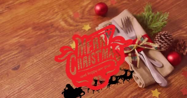 Animazione Auguri Natalizi Testo Sopra Babbo Natale Posate Con Decorazioni — Video Stock