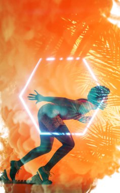 Kararlı Afro-Amerikan atletlerin birleşik imajı yaprak kalıpları üzerinde yarışmaya başlıyor. Çoklu pozlama, kopyalama alanı, başlangıç çizgisi, meydan okuma, spor, özlemler, atlet, çerçeve.