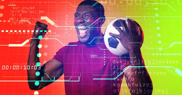 African American Male Soccer Player Screaming Illuminated Computer Language Dots — Stock Photo, Image