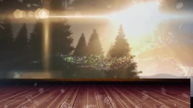 Mutlu bayramlar üzerine düşen kar tanelerinin animasyonu kış manzarasına karşı kısa mesaj pankartı. Noel şenliği ve kutlama konsepti